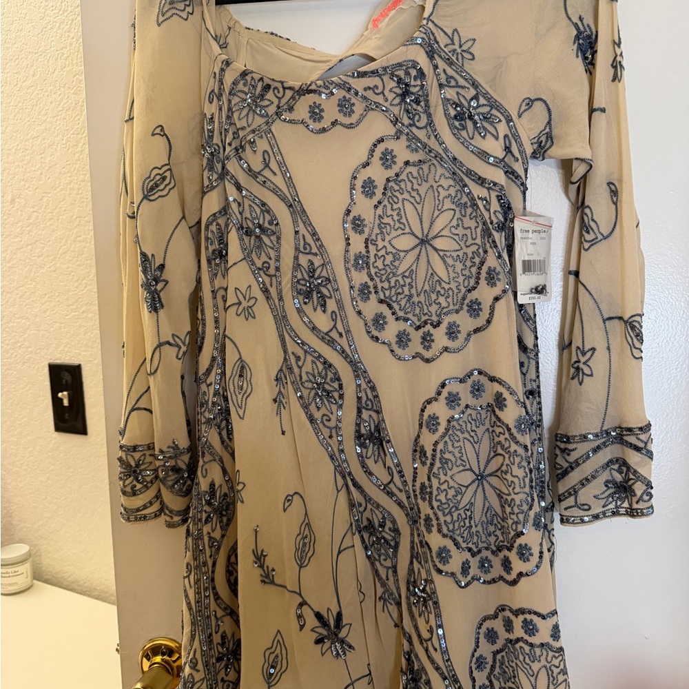 Free People Nude Dress with Navy Beaded Embroidery - Picture 5 of 9